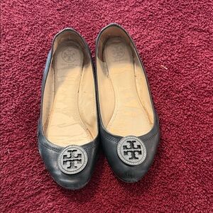 Tory Burch Black Leather Flats with Logo